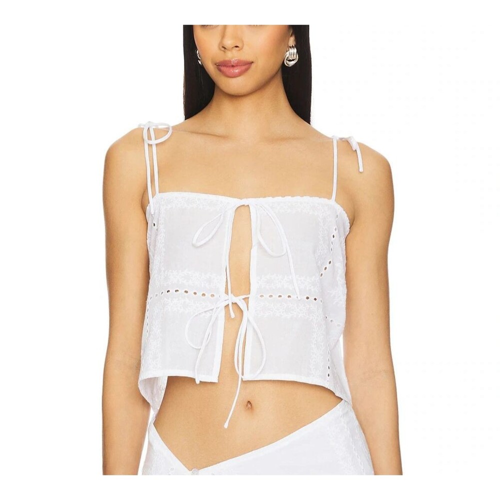 SNDYS Asta Crop Tank Sheer Tie Front Embroidered Cotton Boho Prairie Coastal S